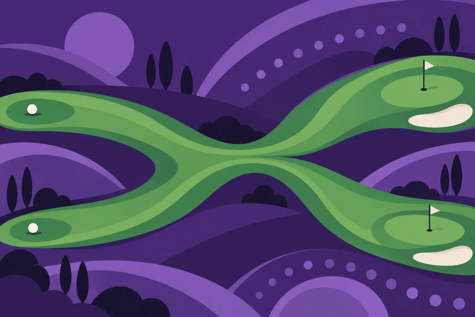Illustration abstraite d’un parcours de golf avec des chemins verts entrelacés et deux drapeaux sur des greens.