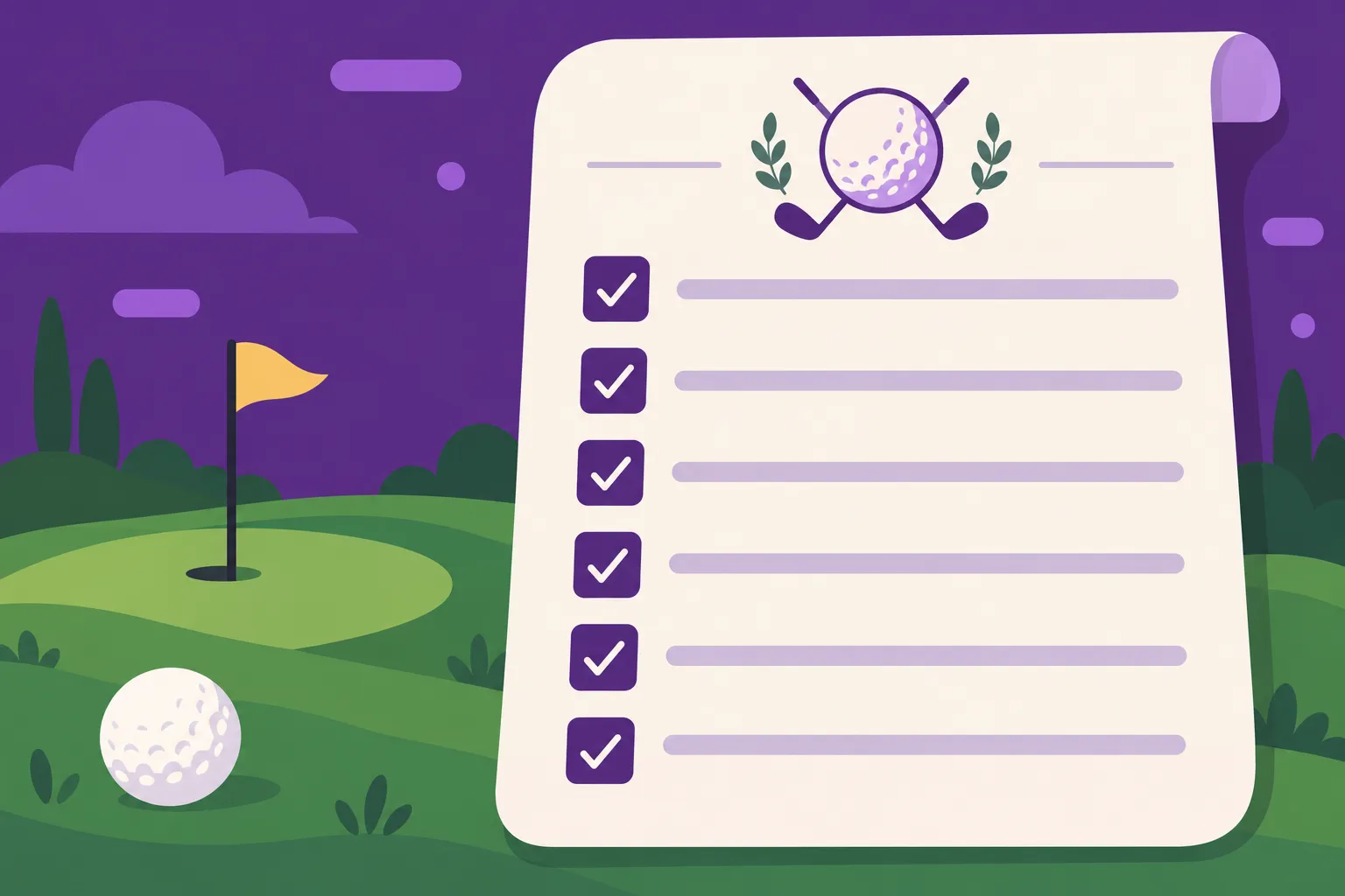 Liste des vérifications du règlement de tournoi sur fond de terrain de golf avec balle et drapeau sur le green.