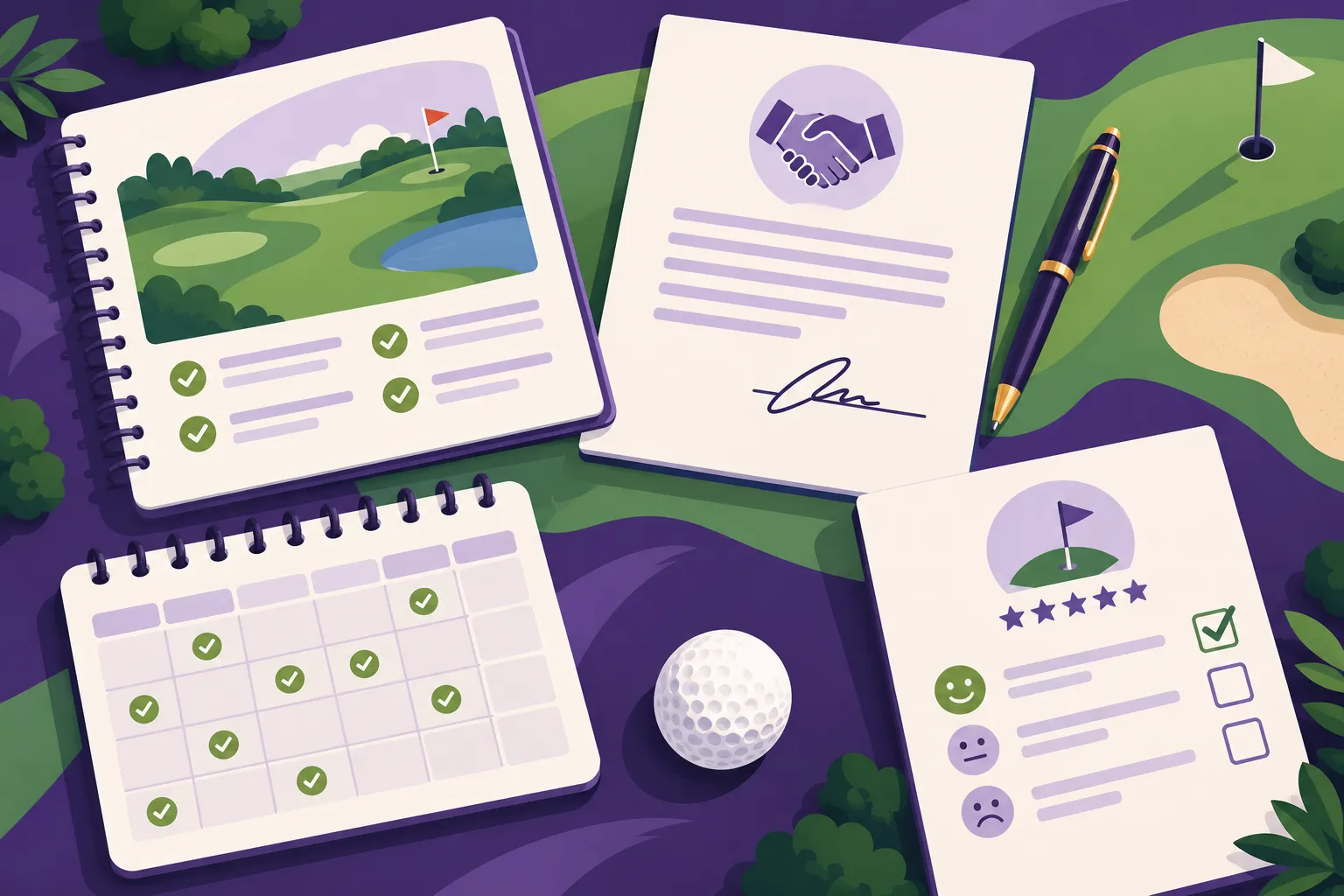 Plan de travail et documents liés à l’organisation d’un séminaire golf, avec calendrier, contrats et évaluations autour d’un