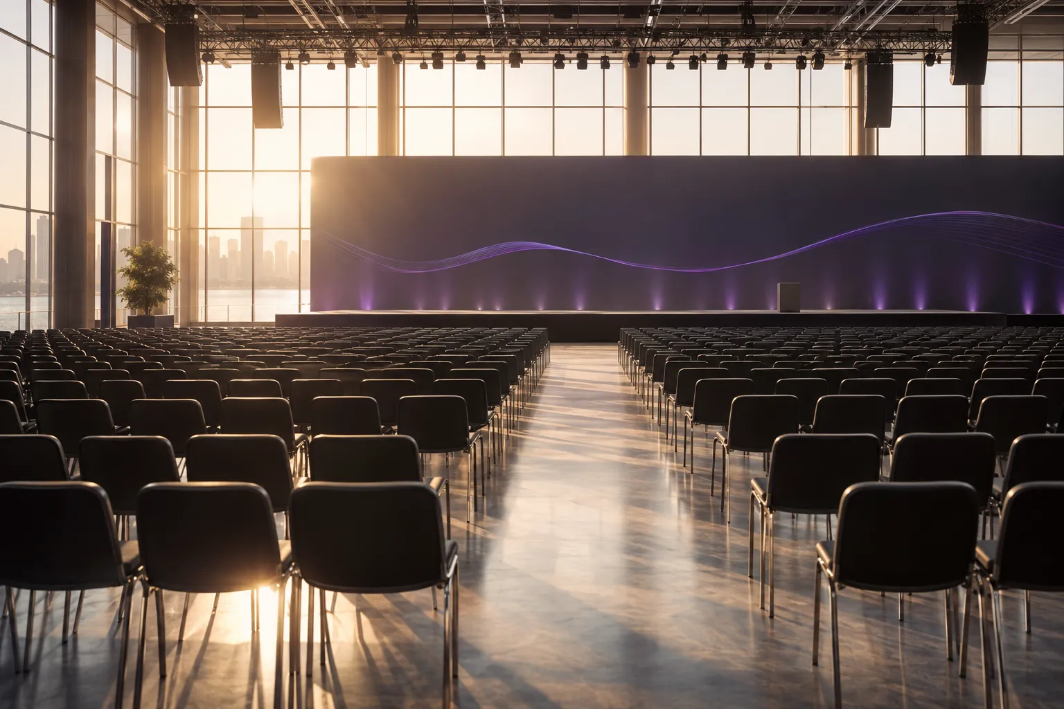 Salle de conférence vide avec des rangées de chaises facing une scène éclairée par des lumières sur fond violet.