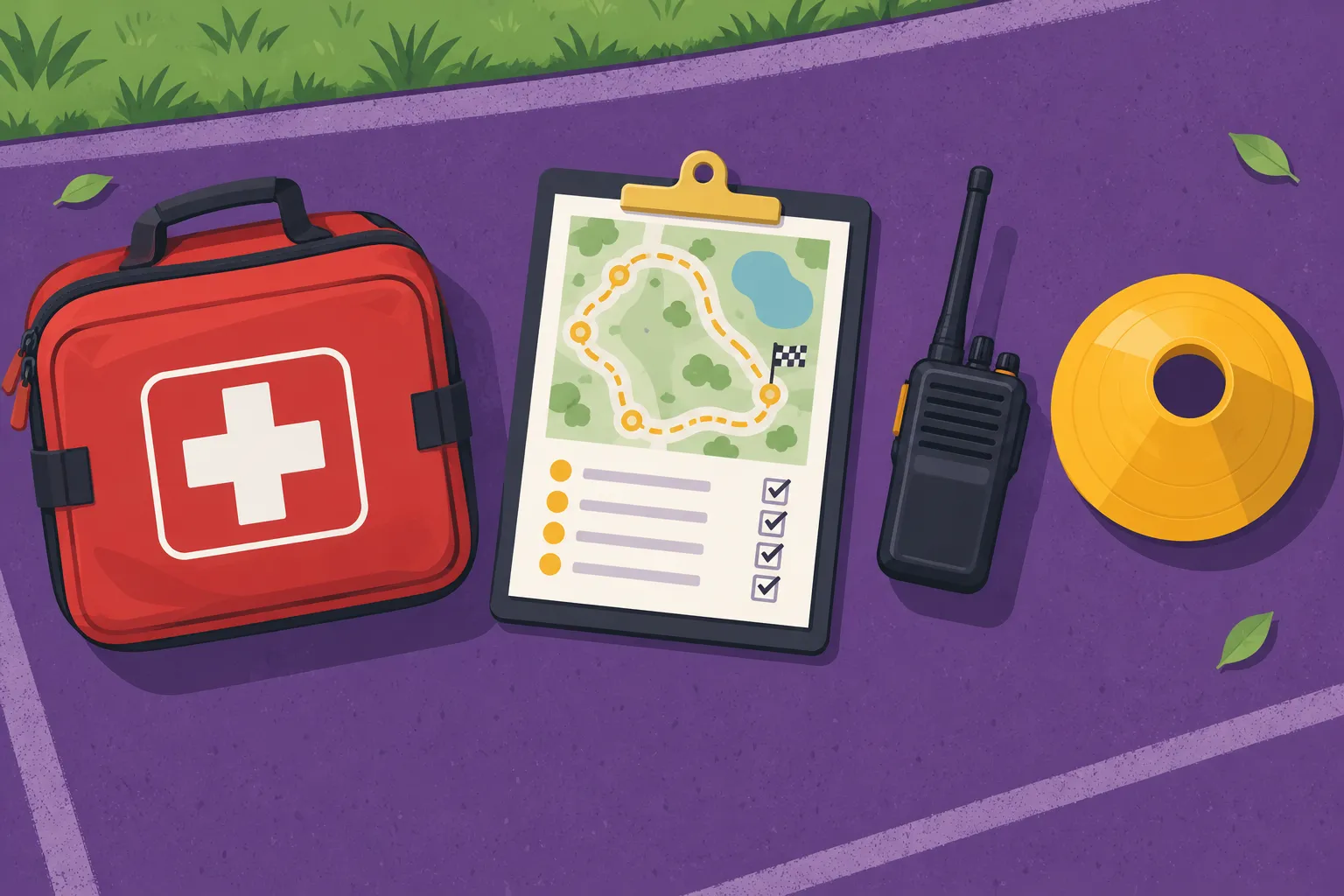 Set de premiers secours orange, carnet de planification avec une carte et liste de vérifications, et talkie-walkie posé
