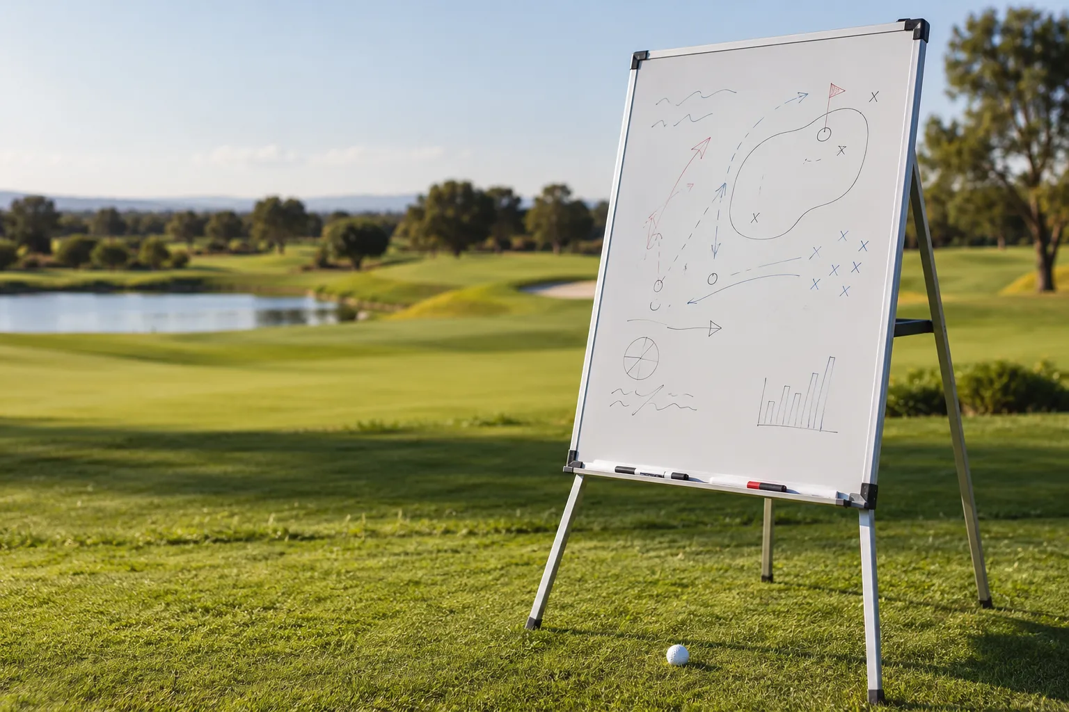 Tableau blanc sur le terrain de golf avec des schémas et des graphiques dessinés, debout sur un support métallique.