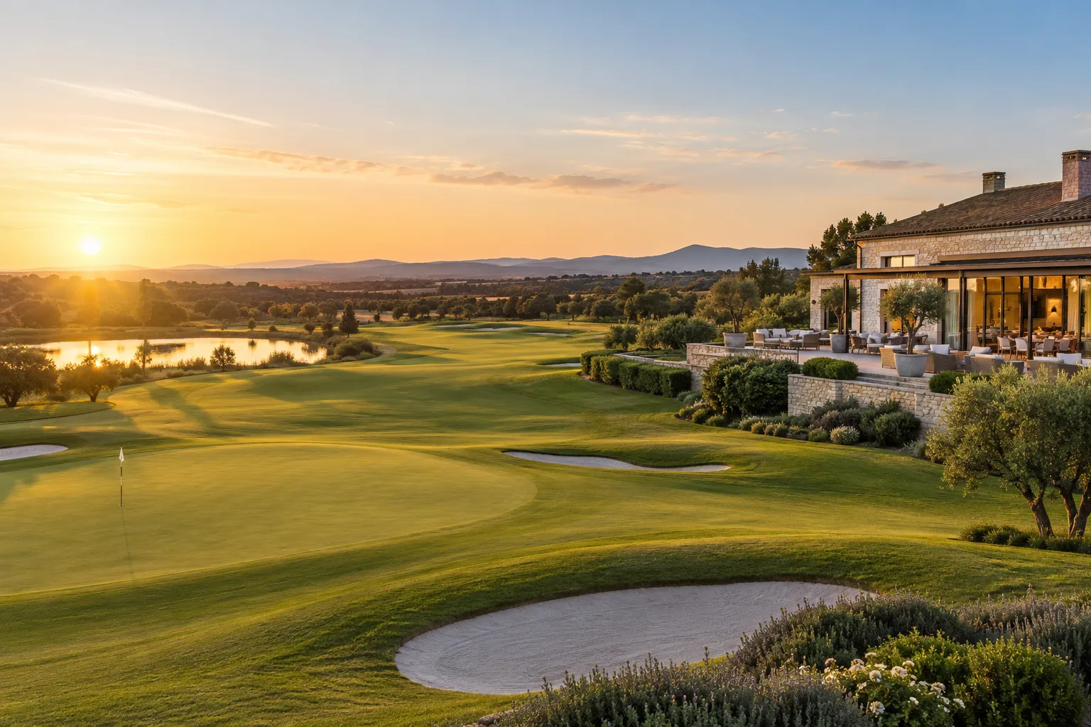Vue panoramique d’un parcours de golf au coucher du soleil avec un bâtiment terrasse sur le côté du green.